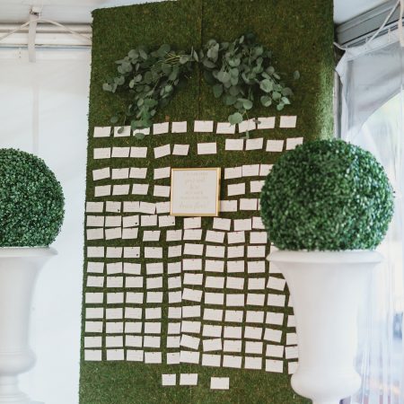 flou(-e)r specialty floral events summer wedding flower inspiration green place card wall Servidone Studios Photography