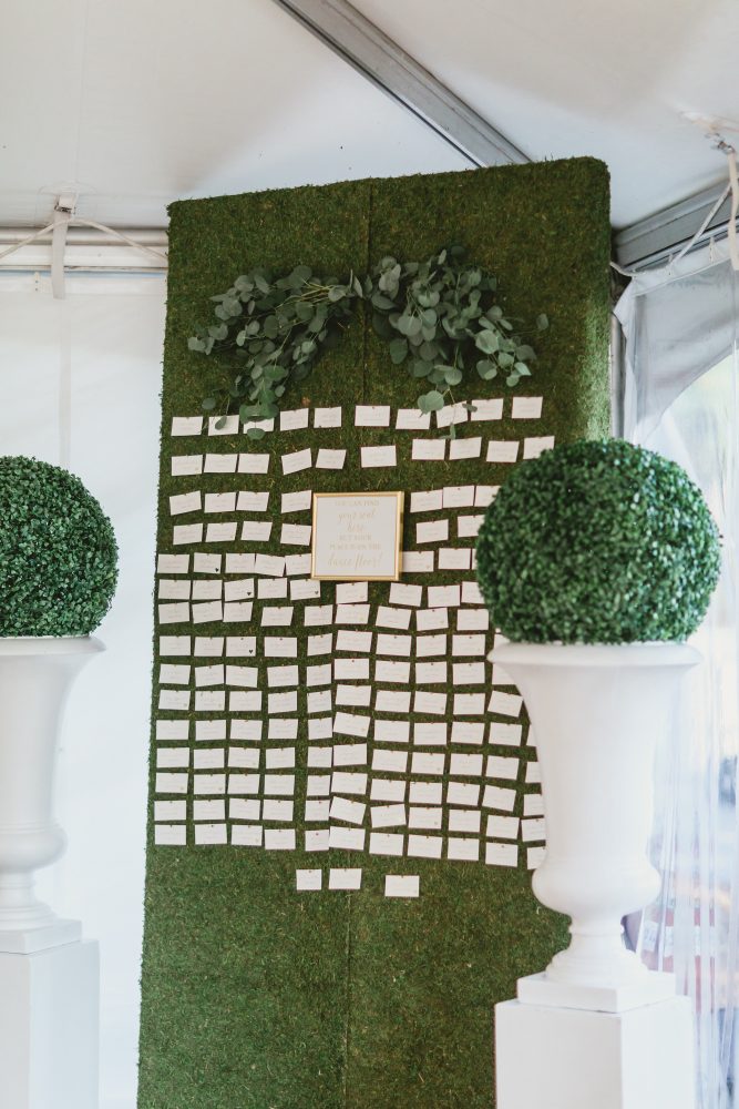 flou(-e)r specialty floral events summer wedding flower inspiration green place card wall Servidone Studios Photography