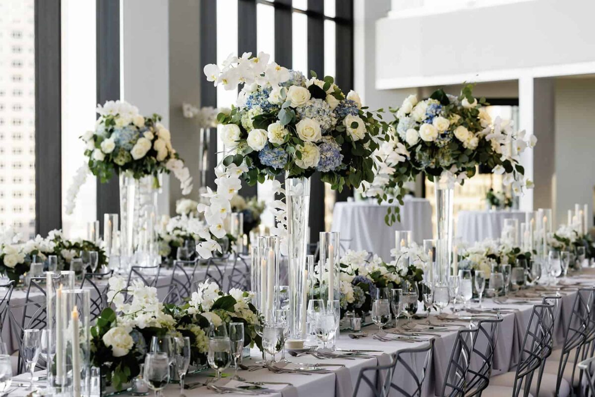 Blue, White, and Greenery Wedding Flowers at State Room Boston